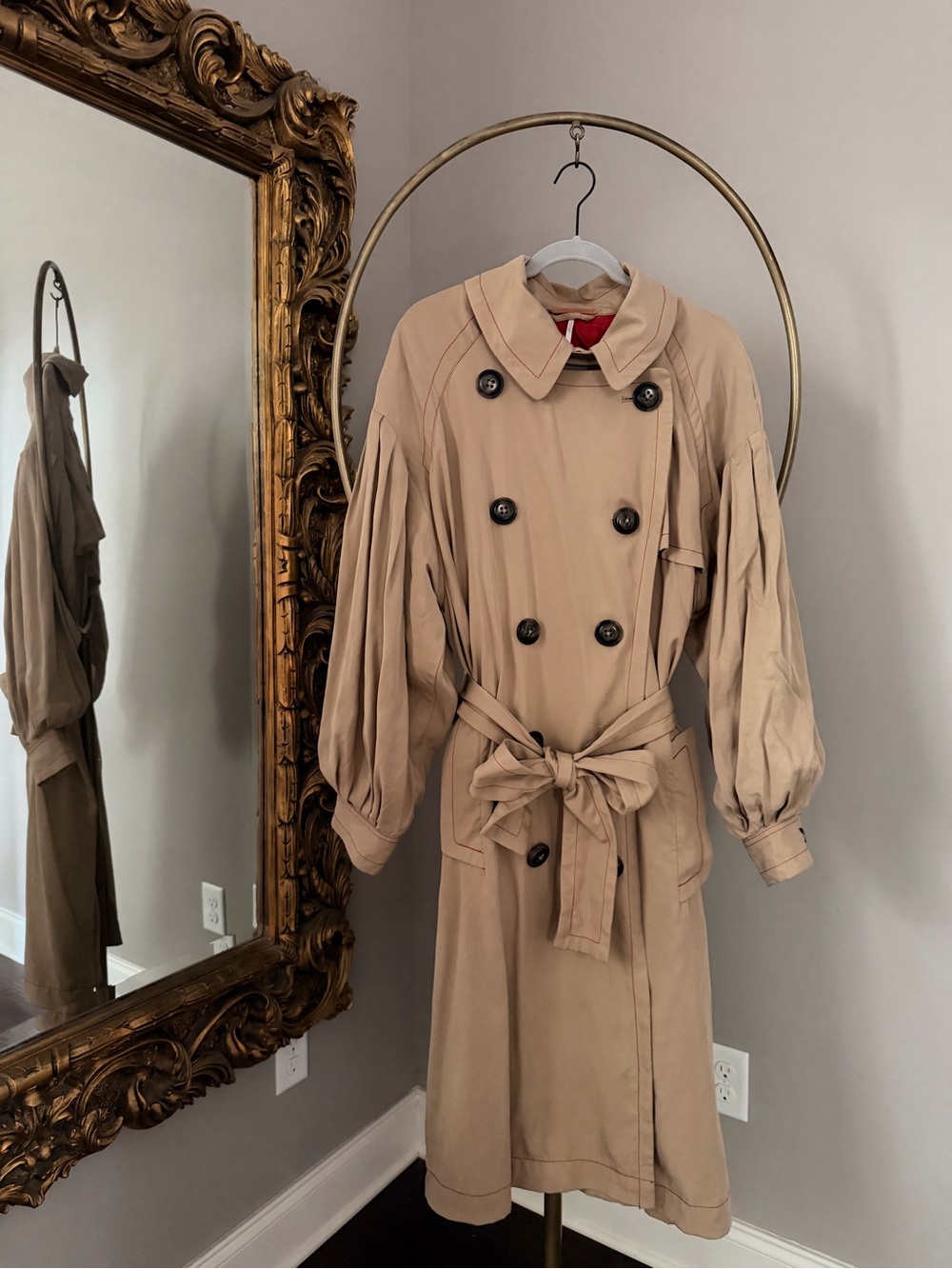 Free People Beige Trench Coat with Red Lining - Women’s Belted Trench - Picture 5 of 14